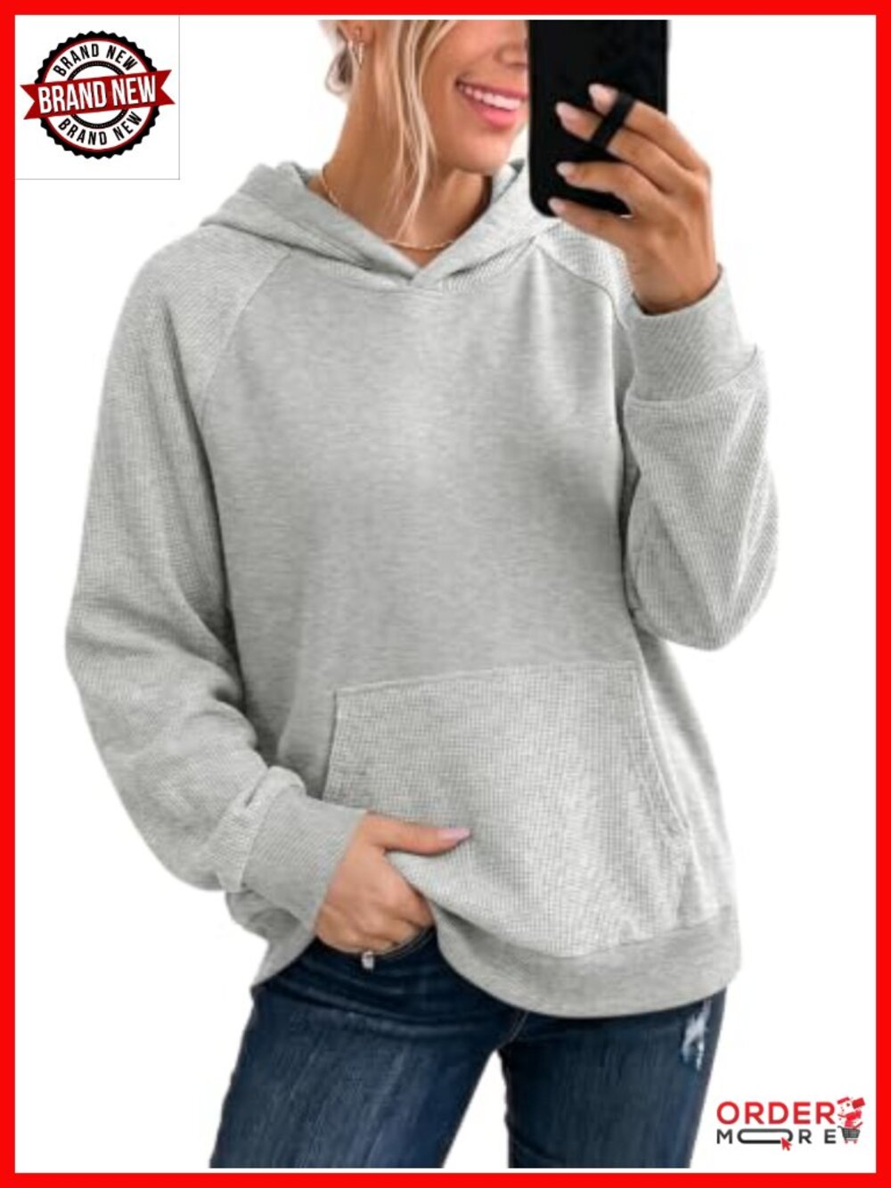 Waffle Knit Oversized Hoodie Sweatshirt with Kangaroo Pocket